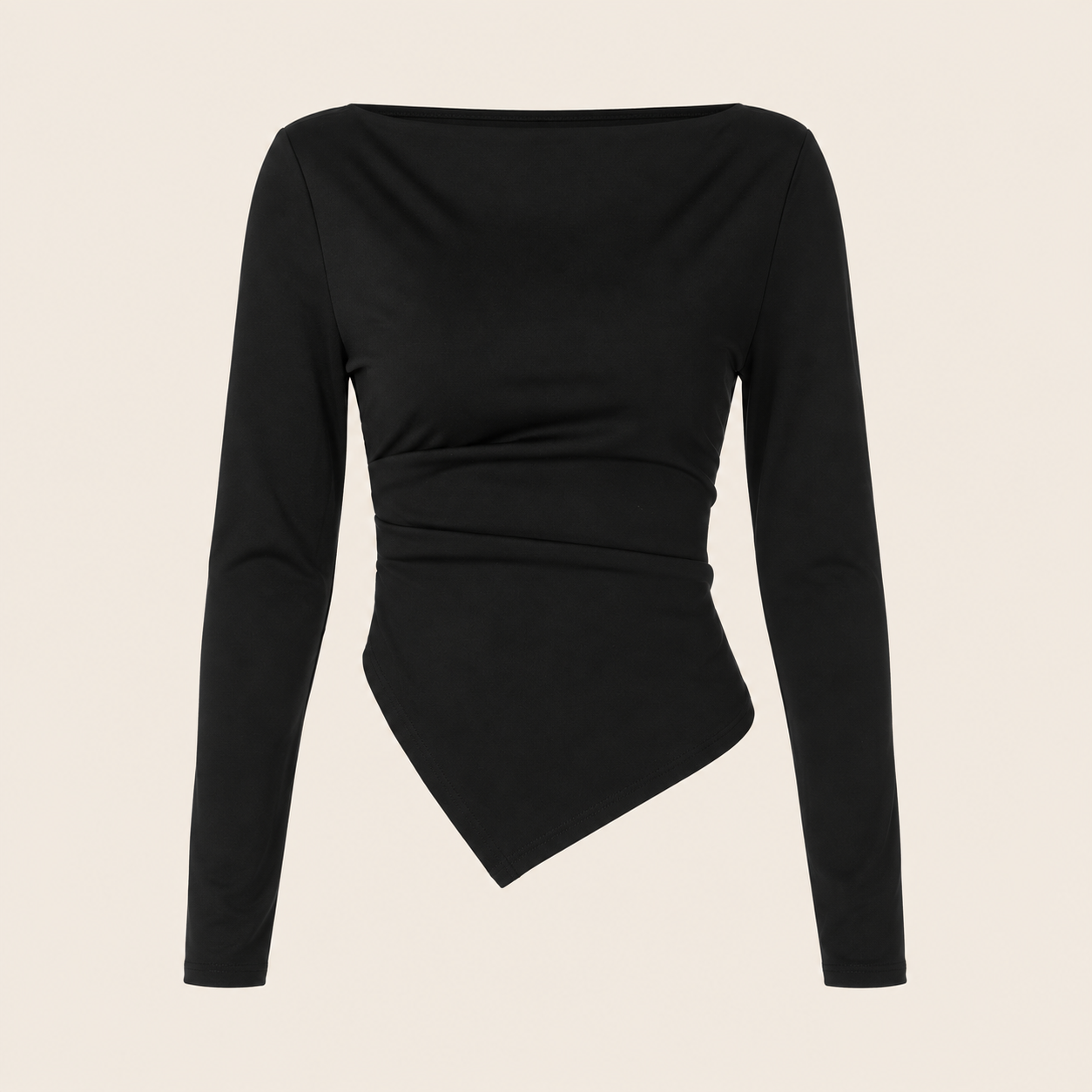 Top asymétrique plissé — vêtement seul sur fond beige
