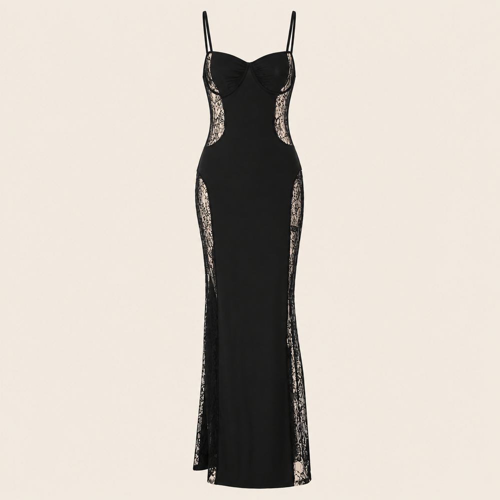 Robe longue à col V et dentelle