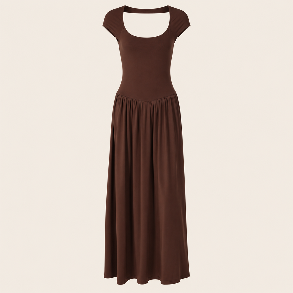 Robe longue froncée à col carré