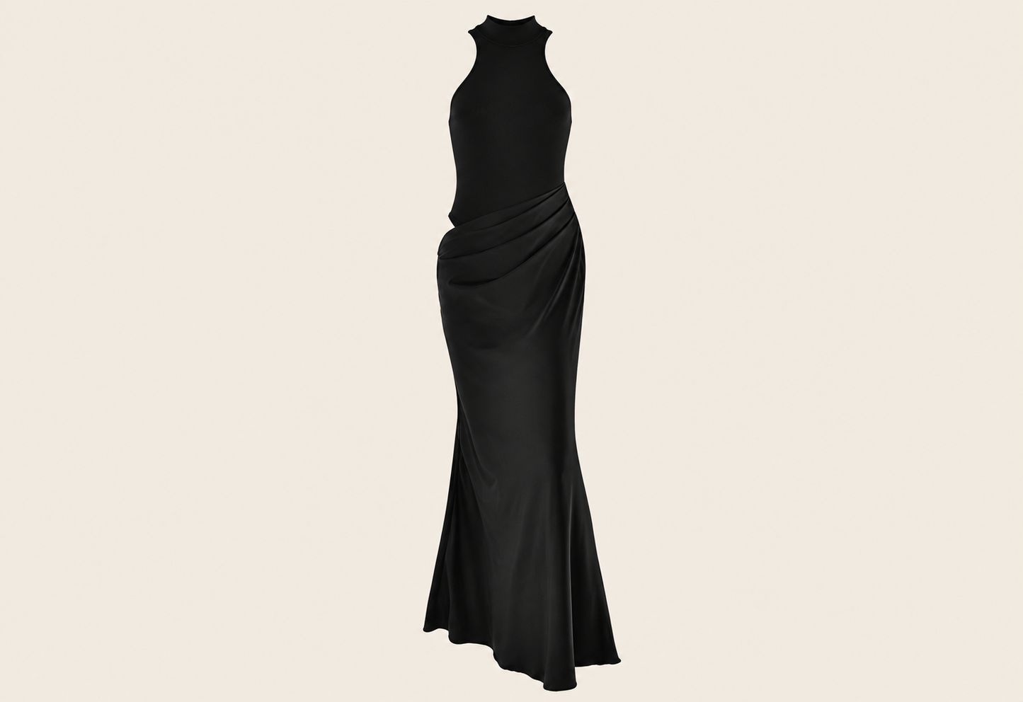 Robe longue contrastée à découpes — vêtement seul sur fond beige