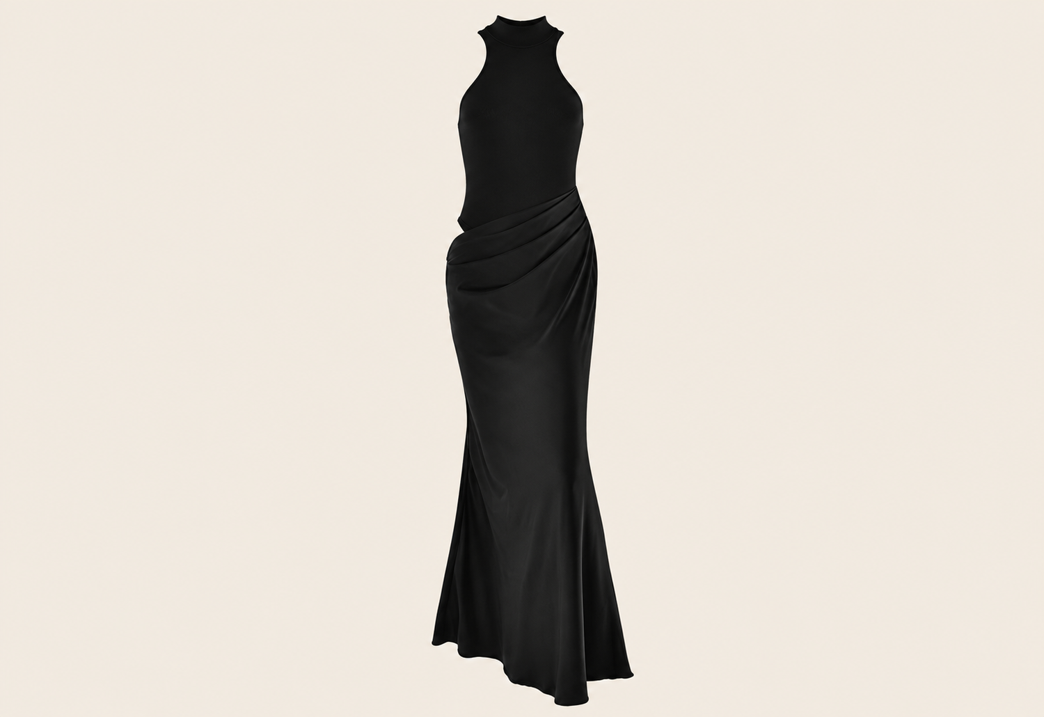 Robe longue contrastée à découpes — vêtement seul sur fond beige