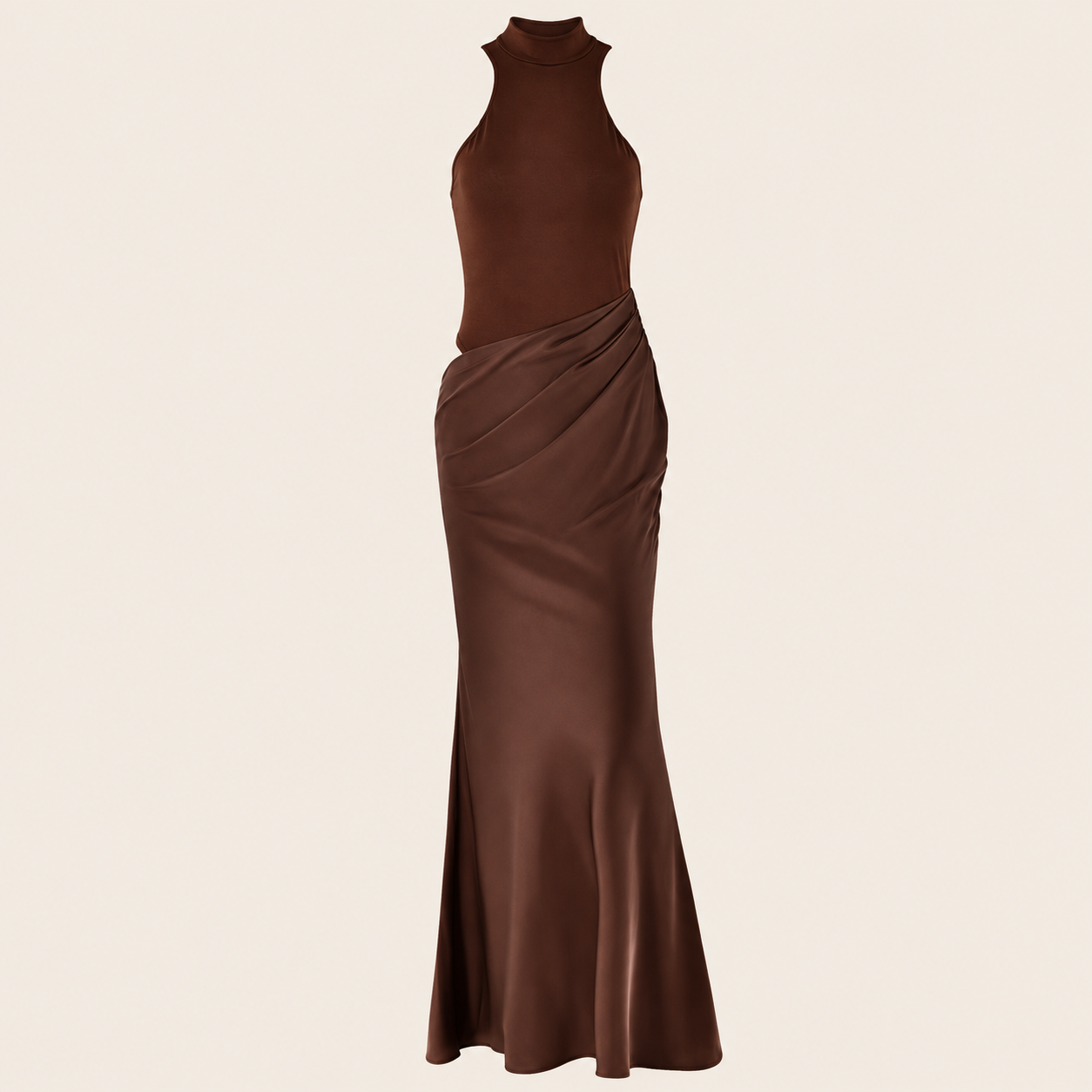 Robe longue contrastée à découpes — vêtement seul sur fond beige