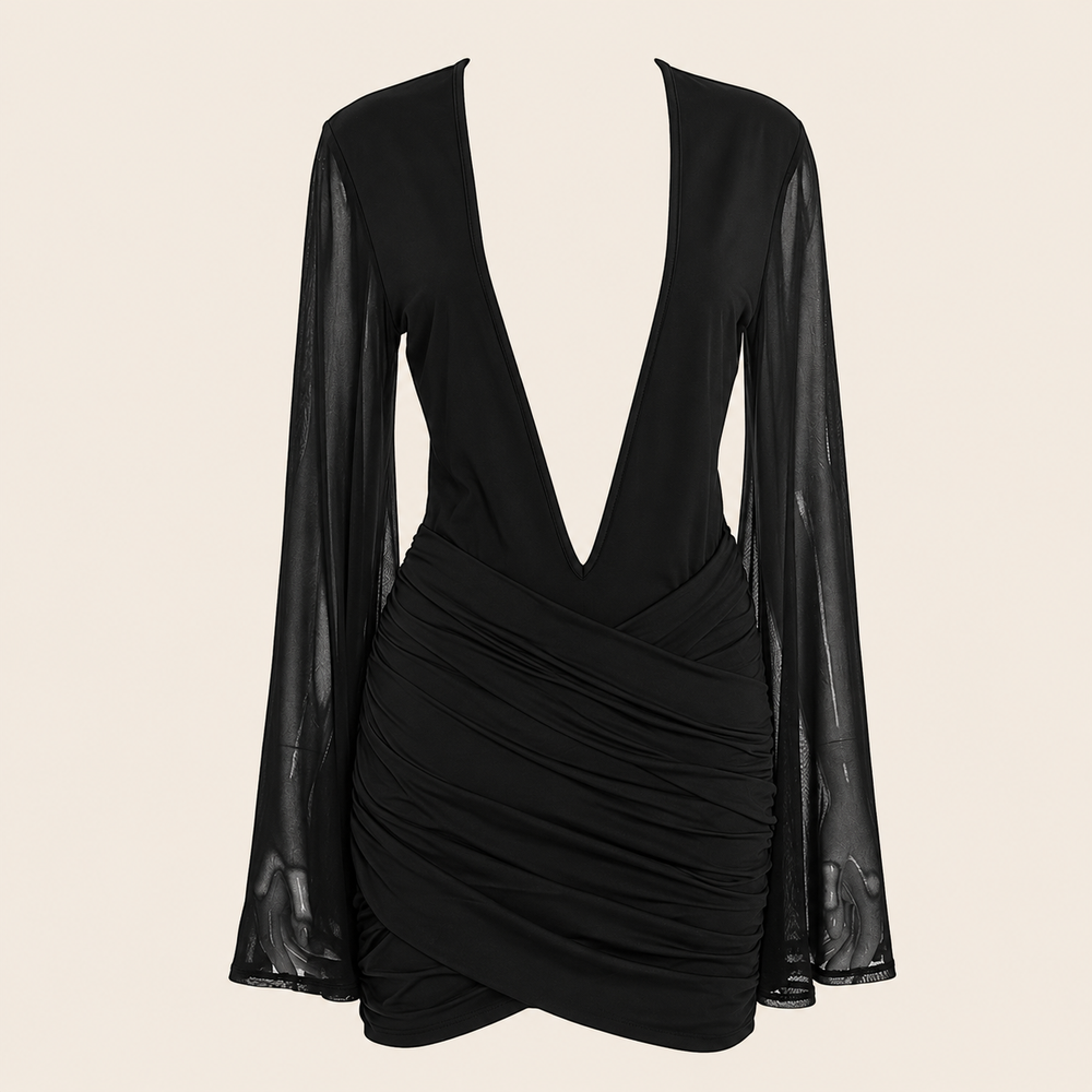 Robe courte drapée à manches évasées