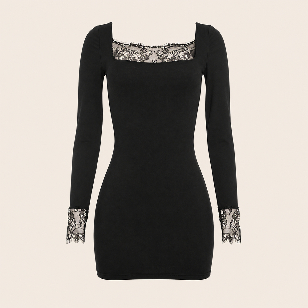 Robe courte à col carré et dentelle