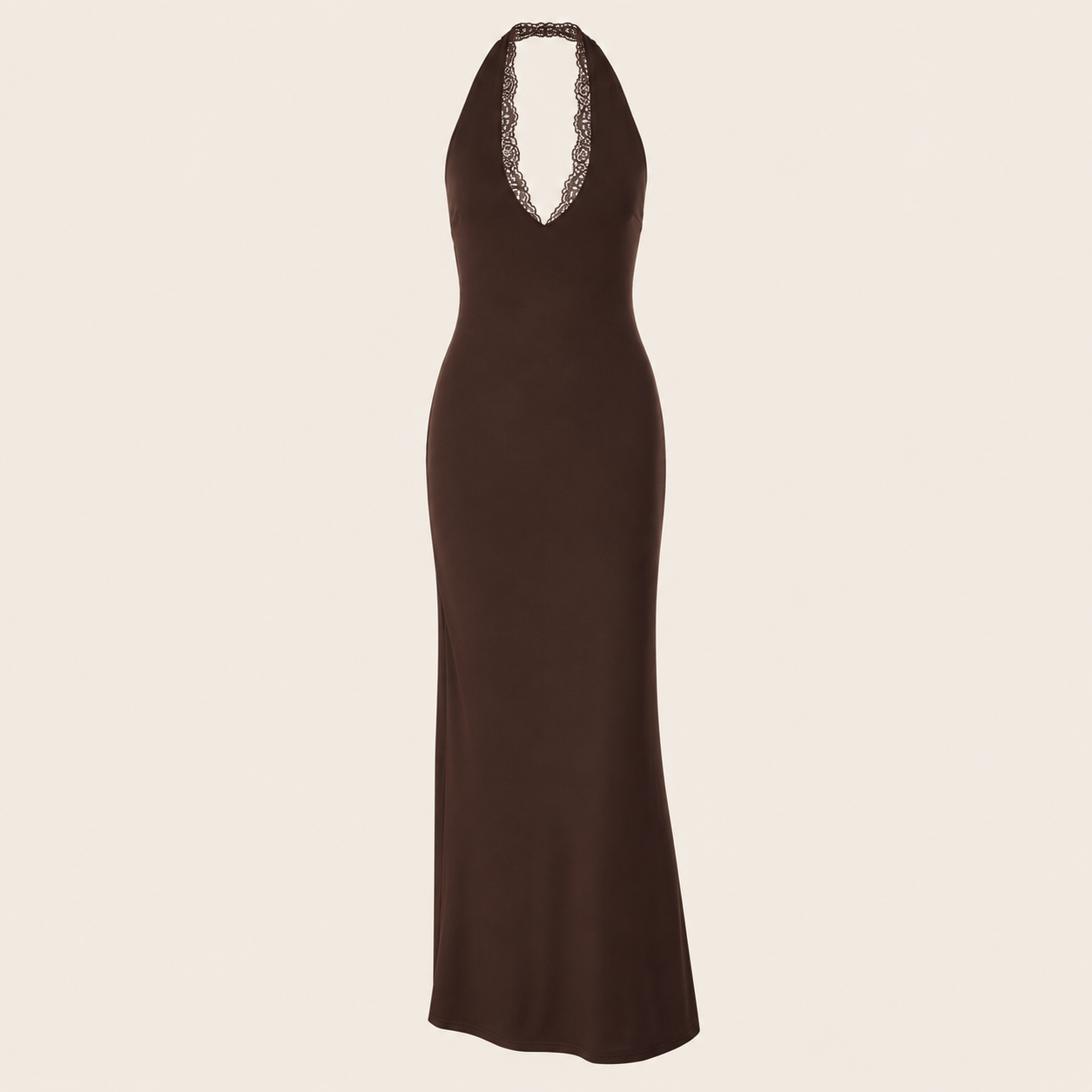 Robe longue à décolleté dentelle, vue du vêtement seul sur fond beige