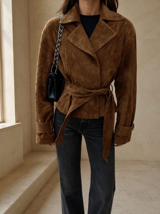 Manteau SIENNA en suédine porté en studio beige