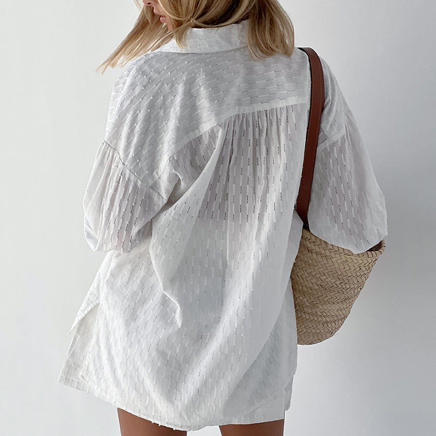 Summer Women Shirt Jacquard Lantern Sleeve Elegant Top Shorts Office Design Casual Suit textured