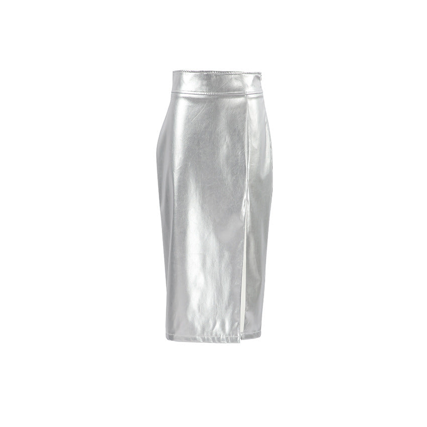 Metallic Coated Fabric Silver Artificial Futuristic High Waist Slit Skirt Autumn Women Clothing