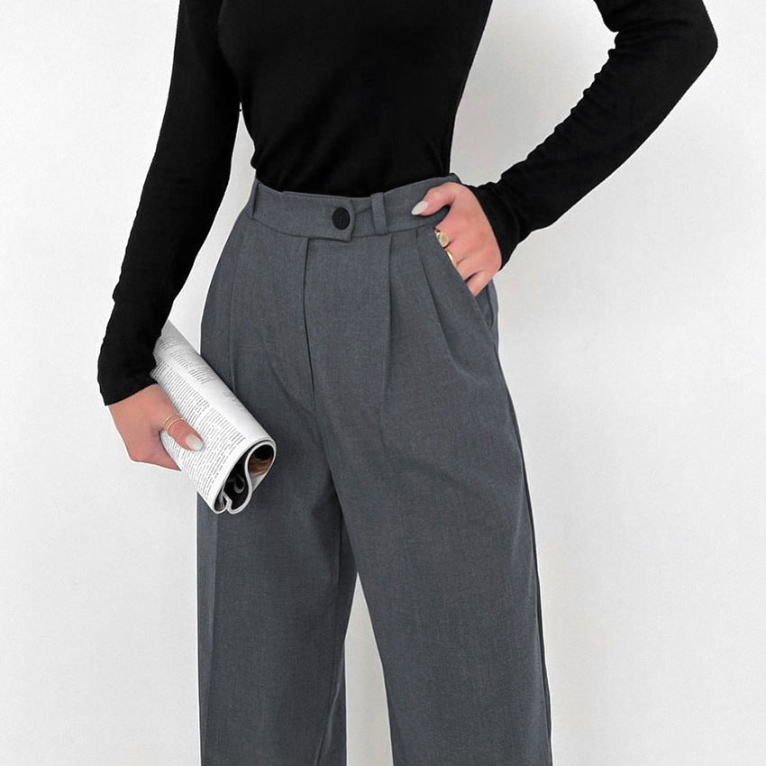 Gray High Waist Straight Office Draped Trousers Autumn Casual Work Pant for Women