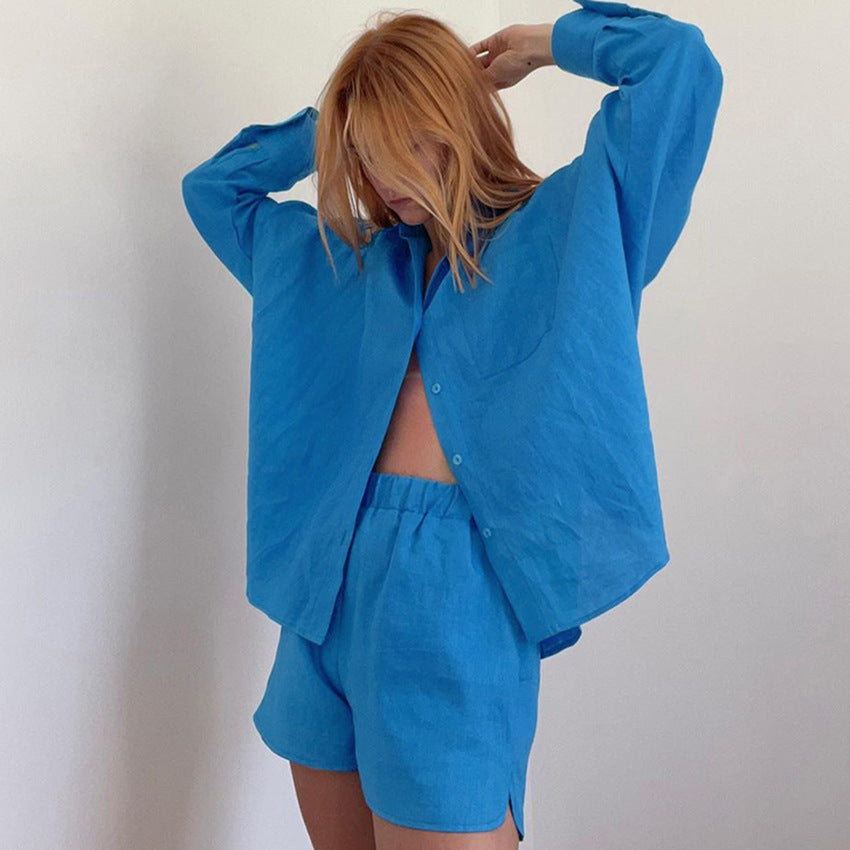 New Spring Summer Cotton Linen Blue Batwing Sleeve Collared Shirt Long Sleeve Shorts Two-Piece Pleated Women Suit