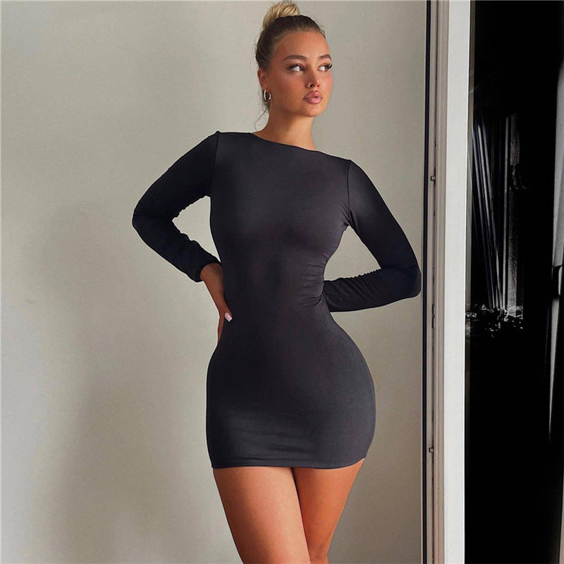 Autumn Winter Women Clothing Long Sleeve Sexy Backless Slim Fit Solid Color Sheath Dress
