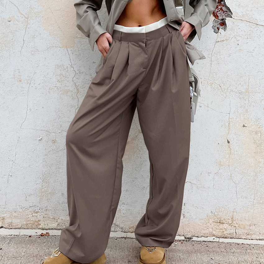 Fall Brown High Waist Trousers Design Contrast Color Loose Harem WorkPants Minority All Match Women Clothing