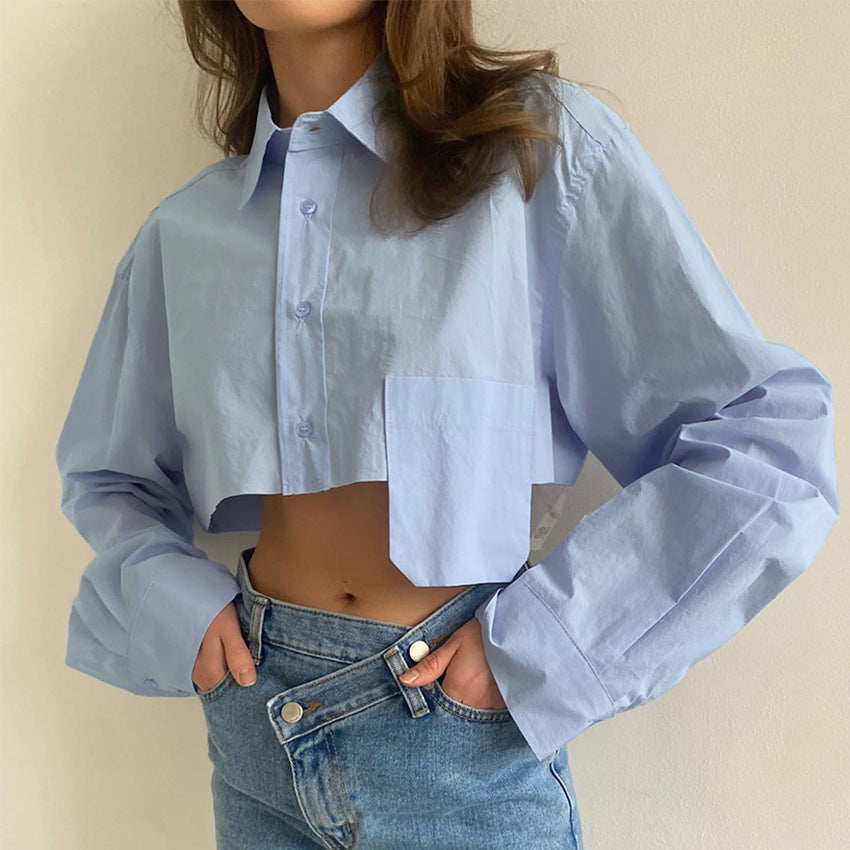 Autumn Cropped Asymmetric Stitching Casual Dignified Sense of Design Short Model in White Color Shirt Women Clothing