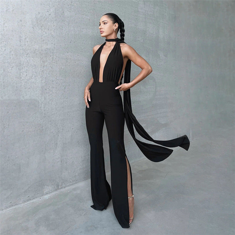 Fall Women Clothing Halter Sexy Cutout Backless Slim Fit Skinny Jumpsuit