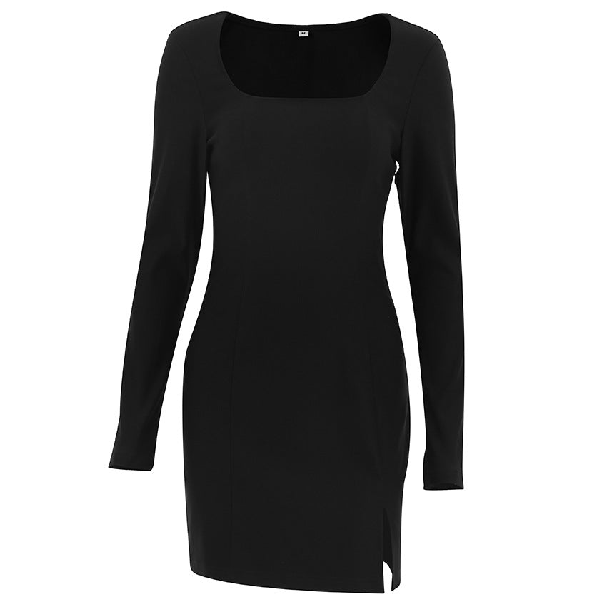 French Hepburn Black Dress High Grade Niche Square Collar Split Tight Women Spring Dress