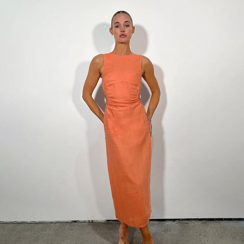 French Maxi Dress Hollow Out Cutout Design Orange Sleeveless Cotton Linen Dress Women Summer Sexy Waist