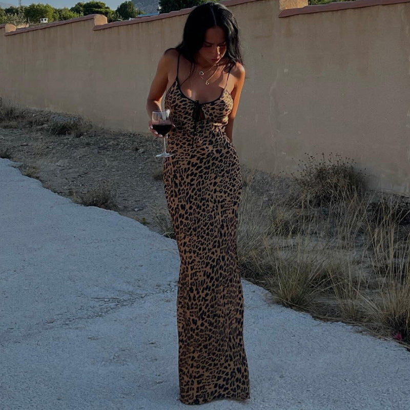 Autumn Winter Women Clothing Strap off Neck Tie Sexy Backless Leopard Print Dress for Women