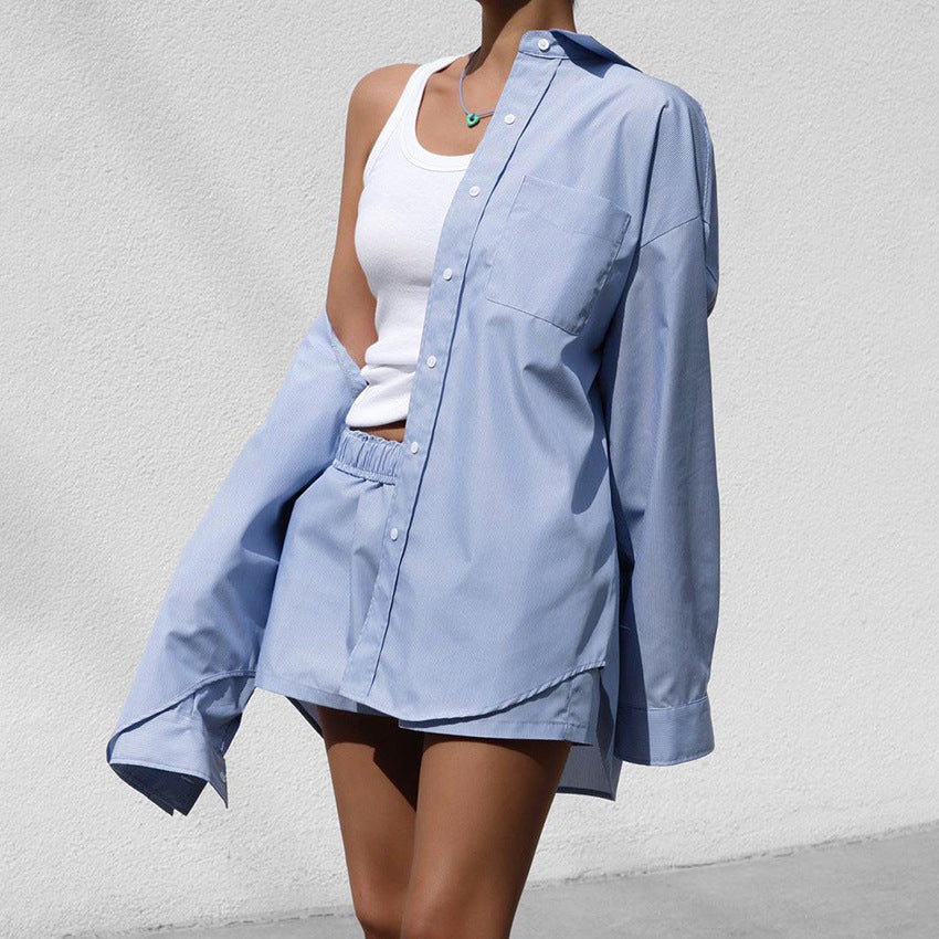 Comfortable Loose Long Sleeved Shirt Shorts Summer Women Clothes Two Piece Set