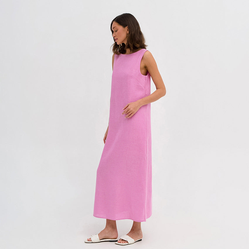 Dress French Simplicity Casual Cotton Linen Vest Dress Women Summer Mid Length Sleeveless Loose A Line Dress
