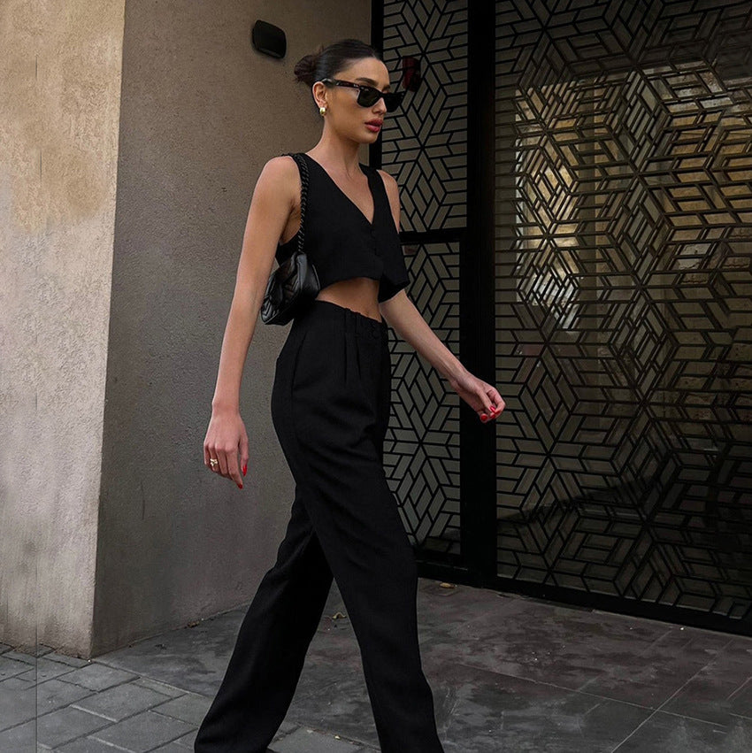 Solid Color V neck Sleeveless Vest Cropped Pants Suit Summer Women Clothing Two Piece Suit