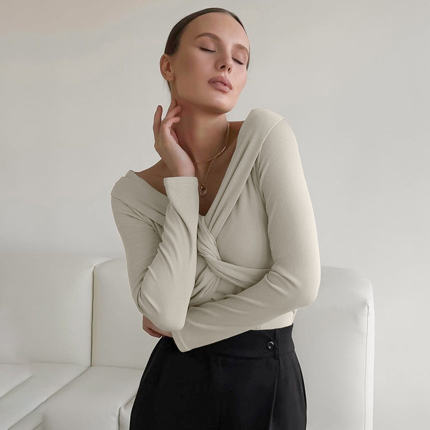 Fall Minimalist Design Skinny V neck Warm T shirt Women Clothing