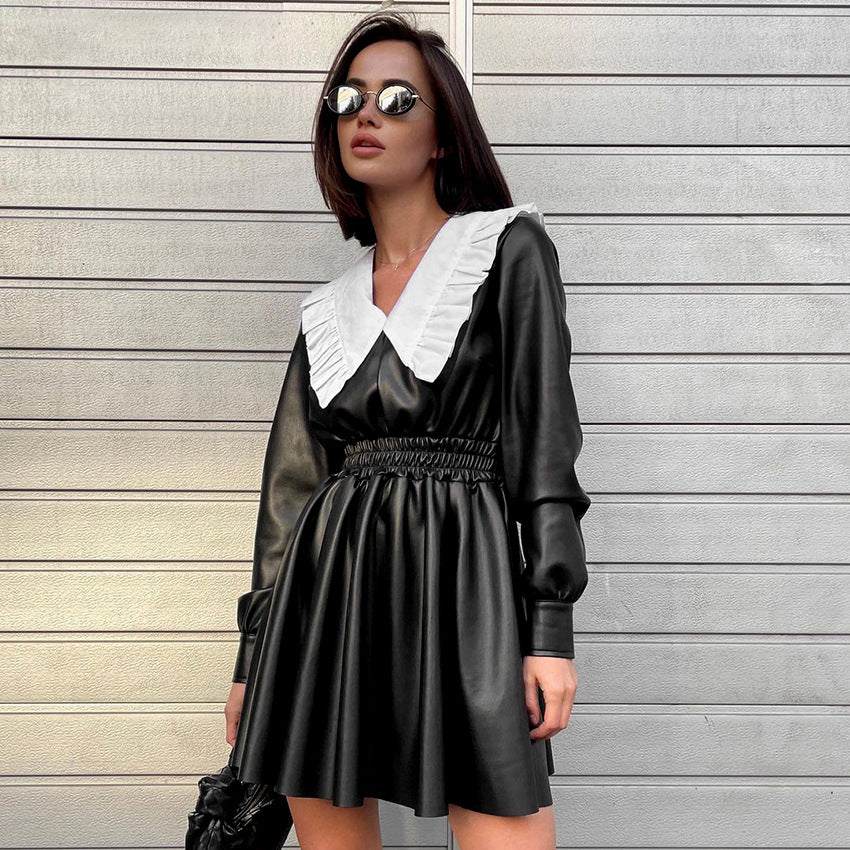 Autumn Winter Faux Leather Dress Doll Collar Fitted Waist High Waist Long Sleeve Black Punk Street Women