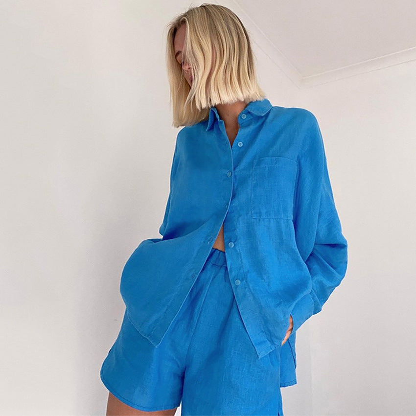 New Spring Summer Cotton Linen Blue Batwing Sleeve Collared Shirt Long Sleeve Shorts Two-Piece Pleated Women Suit