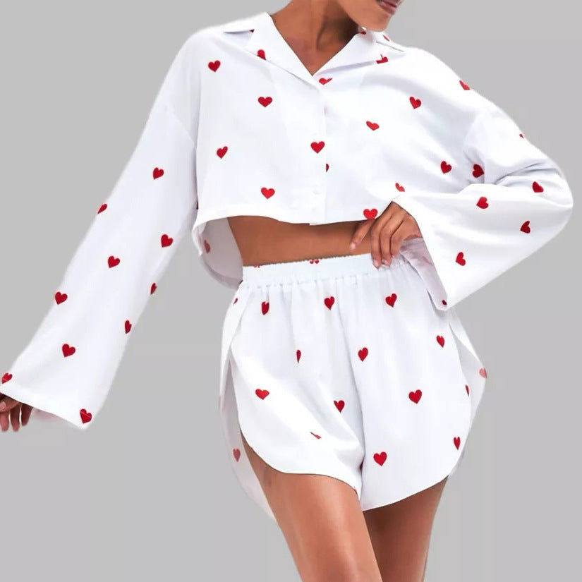 Heart Printing Spring White Pajamas Long Sleeve Slit Shorts Two Piece Suit Skin Friendly Home Wear Women