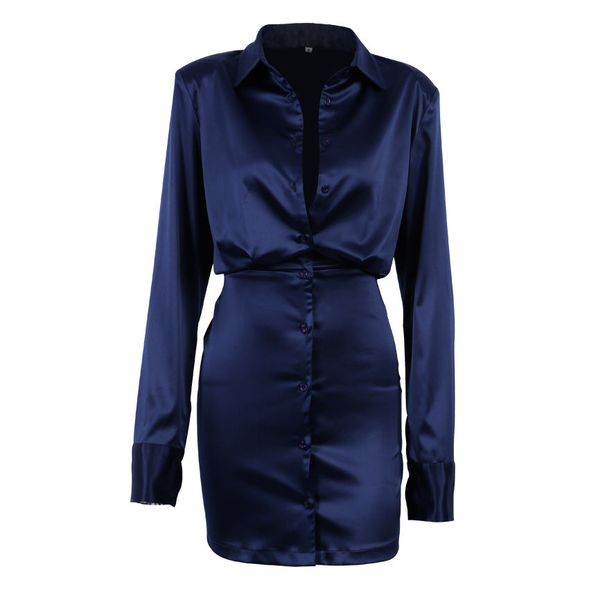 Long Sleeve Shirt Dress Padded Shoulder Autumn New Sexy Slim-Fit Hip-Wrapped Short Dress Women Clothing