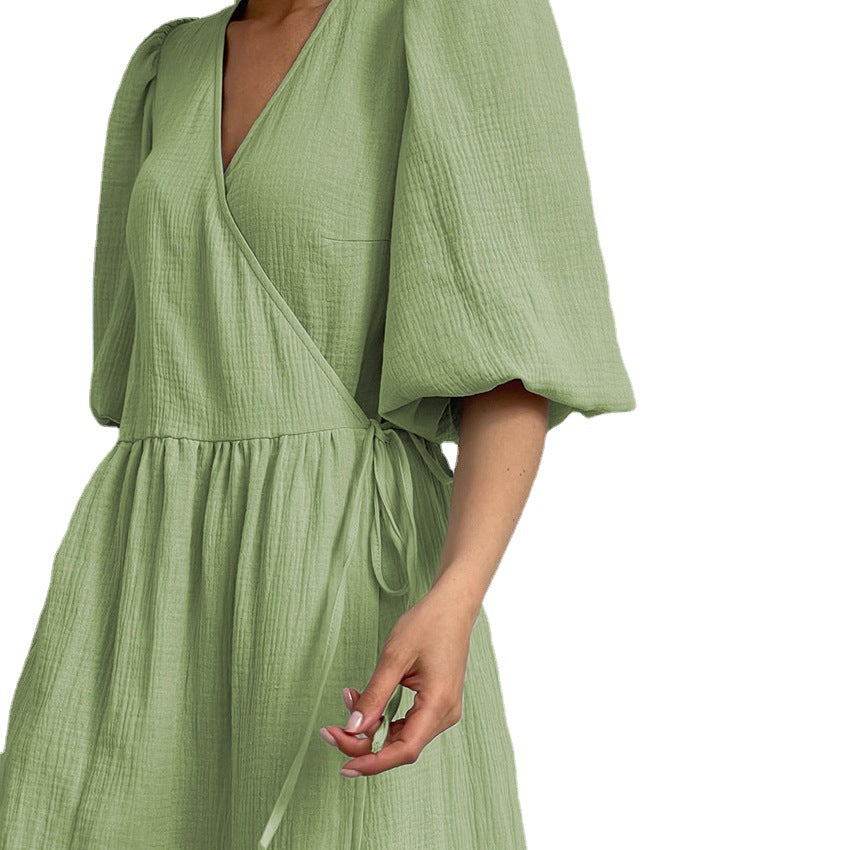 French Dress Summer Women Wear Lace-up Short Sleeve Puff Sleeve Dress Summer Stomach Blanket Dress