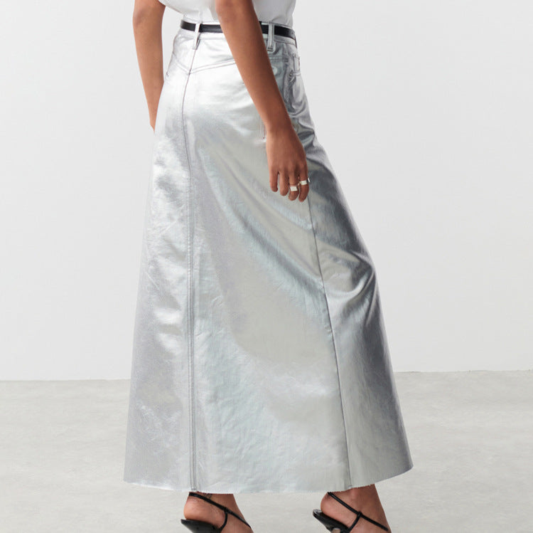 Metallic Coated Fabric Autumn Silver Slim Fit Hip Skirt Split Faux Skirt for Women