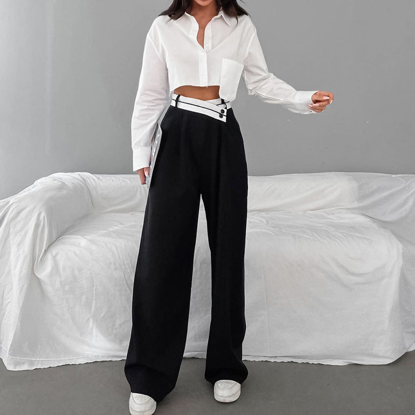 Spring Summer Office Contrast Color Work Pant Women Casual Draping Mopping Pants Wide Leg Pants Design Women Clothing