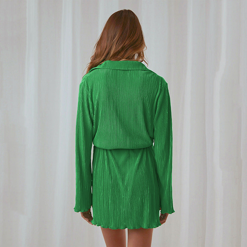Spring Summer Green Toothpick Pleated Design Shirt Dress Women Clothing Dress