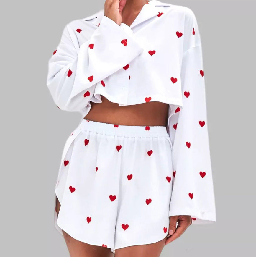 Heart Printing Spring White Pajamas Long Sleeve Slit Shorts Two Piece Suit Skin Friendly Home Wear Women
