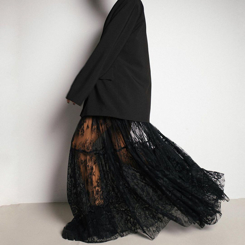 Jupe ADRIANA noire sexy en dentelle transparente à taille haute