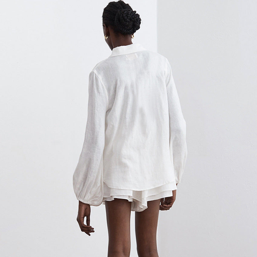 Summer Cotton Linen Women Long Sleeve Blouse Ruffled Shorts Two Piece Casual Fashion White Suit