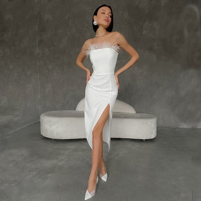 White Feather Decoration Split Tube Top Dress Summer Women Clothing Maxi Dress