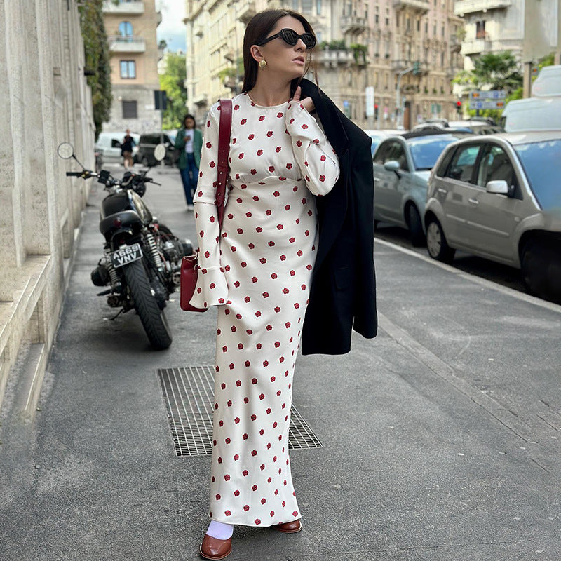 French Printed Bell Sleeve Dress Women Autumn Winter Sexy Casual Maxi Dress